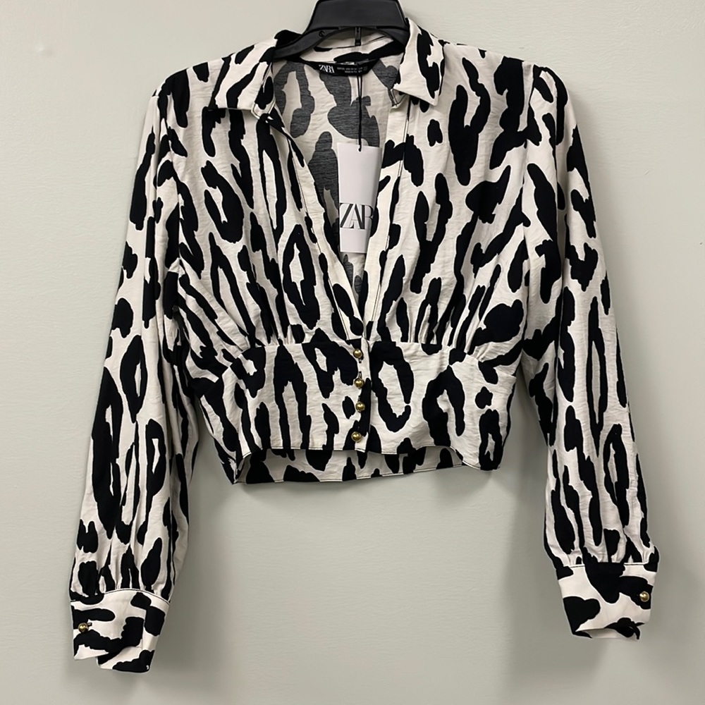 Zara Black and White Animal Print Crop Top